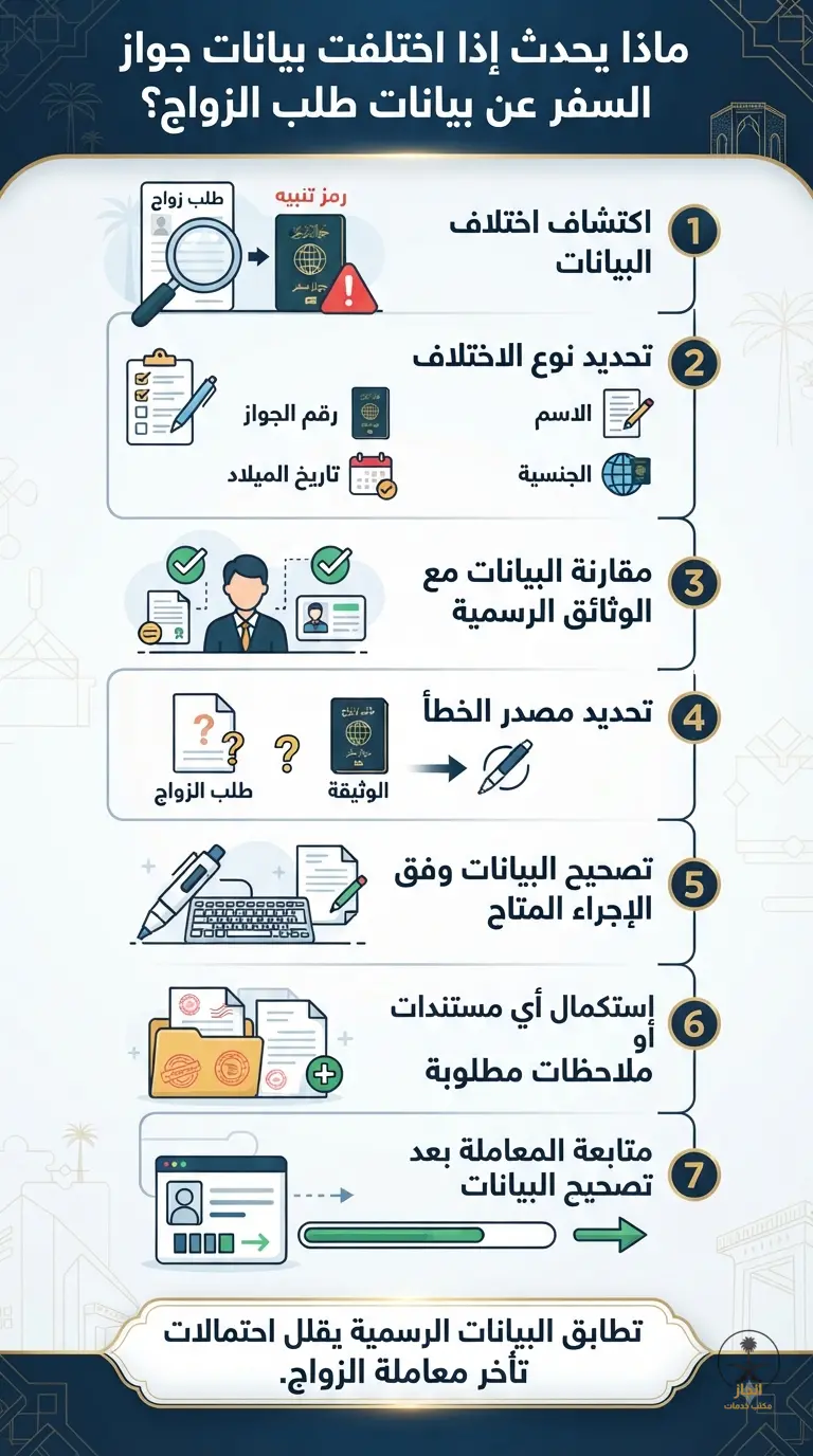 ماذا يحدث إذا اختلفت بيانات جواز السفر عن بيانات طلب الزواج؟